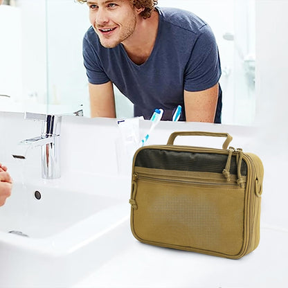 SMONT Tactical Toiletry Bag for Men, 9.5" Hanging Dopp Kit Shaving Hygiene Bag for Traveling Bathroom, Khaki, Travel