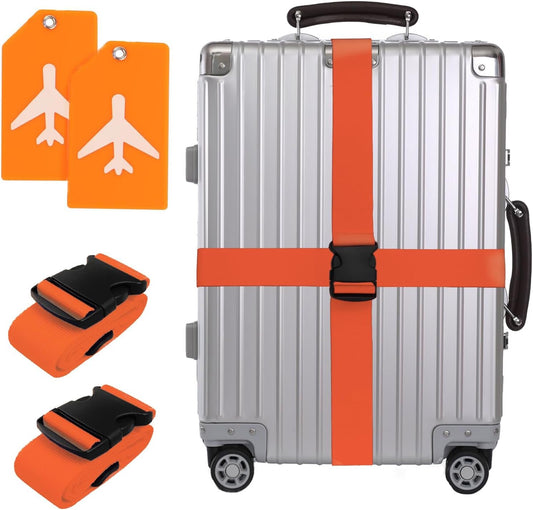 4Pcs Luggage Strap Set, 2 Adjustable Straps + 2 Name Tags, Heavy Duty Suitcase Accessories Non-Slip Packing Belts Adjustable Luggage Straps for Travel Suitcase Security (Orange)