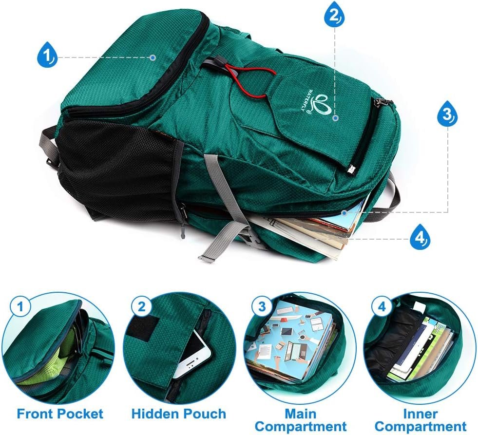 WATERFLY Foldable Travel Backpack Lightweight 20L Hiking Daypack for Outdoor Cycling Camping (Green)