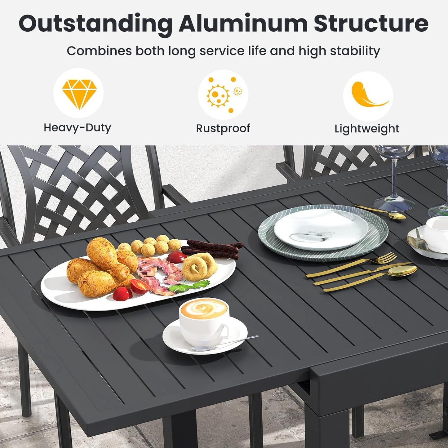Giantex Expandable Patio Table, 31.5”-63” Extendable Aluminum Dining Table for 4-6 People, Slatted Tabletop, Square Rectangular Outdoor Table for Backyard, Front Porch, Poolside