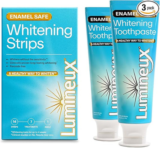 Lumineux Whitening Starter Set – Peroxide Free - Enamel Safe for Whiter Teeth – Includes 7 Whitening Treatments & 2 Pack Whitening Toothpaste, Fluoride Free & Dentist Formulated