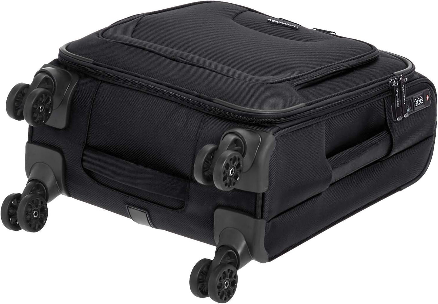Amazon Basics 20-Inch Carry On Luggage, Softside Suitcase With TSA Lock, 8 Spinner Wheels, Front Exterior Pocket, 3 Interior Pockets For Dry and Damp Clothes/Towels Separately, Black