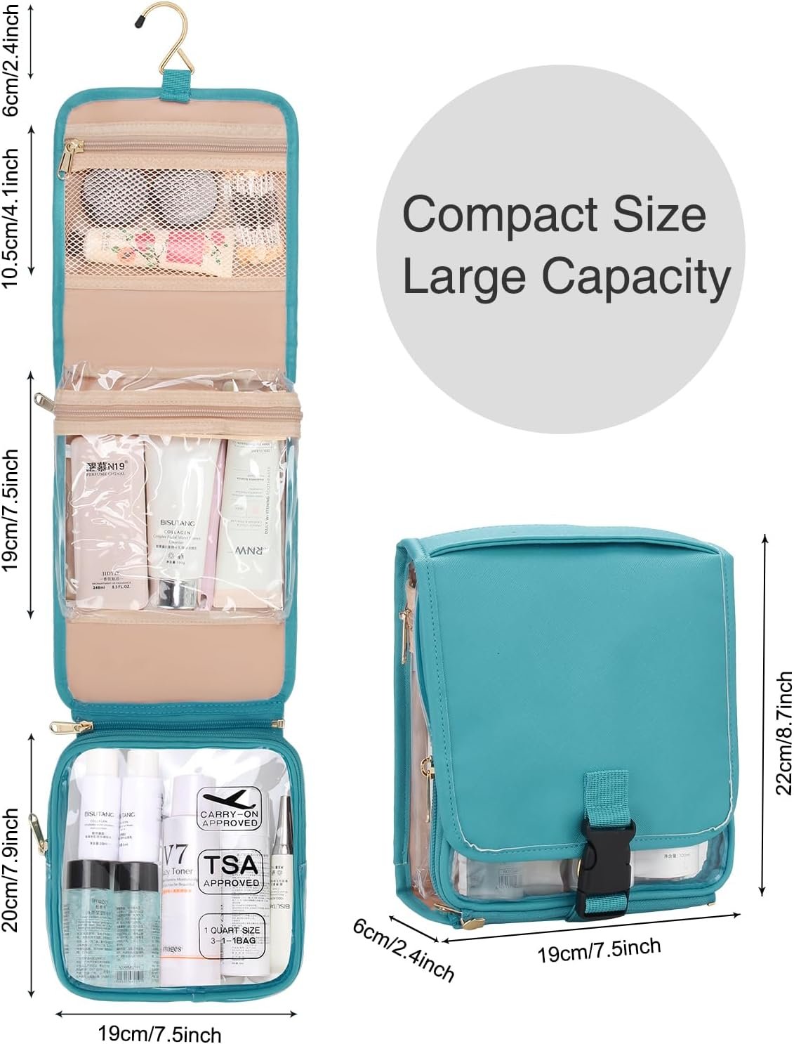 Relavel Travel Toiletry Bag for men women with Detachable TSA Approved Toiletry Bag, Compact Hanging toiletry bag with Small Carry On 3-1-1 Clear Waterproof Travel Bags for Toiletries, D-Blue, A Small