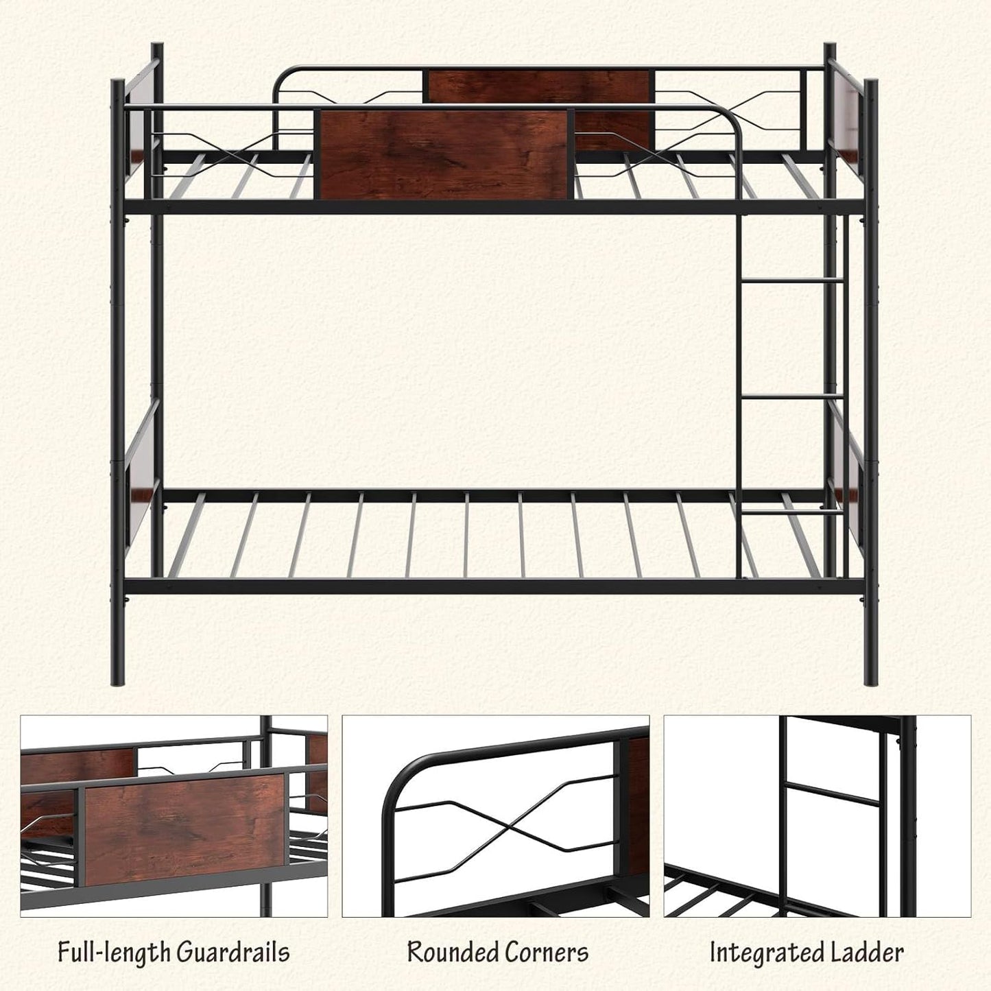Giantex Metal Bed Frame, 2-in-1 Convertible Bed Single Over Single w/Ladder, Metal Slat Support, 30CM Safety Guardrails, Industrial Bed Frames with Anti-toppling Device, NO Box Spring Needed, Black