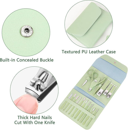 Toguma Manicure Set Nail Clippers Pedicure Kit 16 Pieces Stainless Steel Manicure Kit with Green Bag, Fingernail Toenail Clippers for Home Workplace Outdoor Travel (Green)