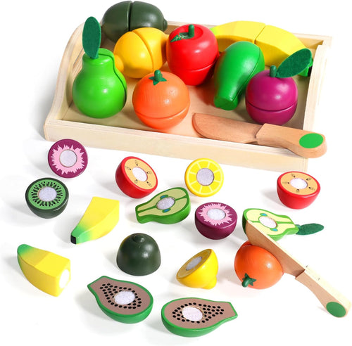 Montessori Toys for 2 Year Old Play Food Cutting Toy Wooden Toys Pretend Play Kitchen Accessories for Kids Fake Food Pretend Play Kitchen Set for Kids 2 3 4 Girls Boys Party Games