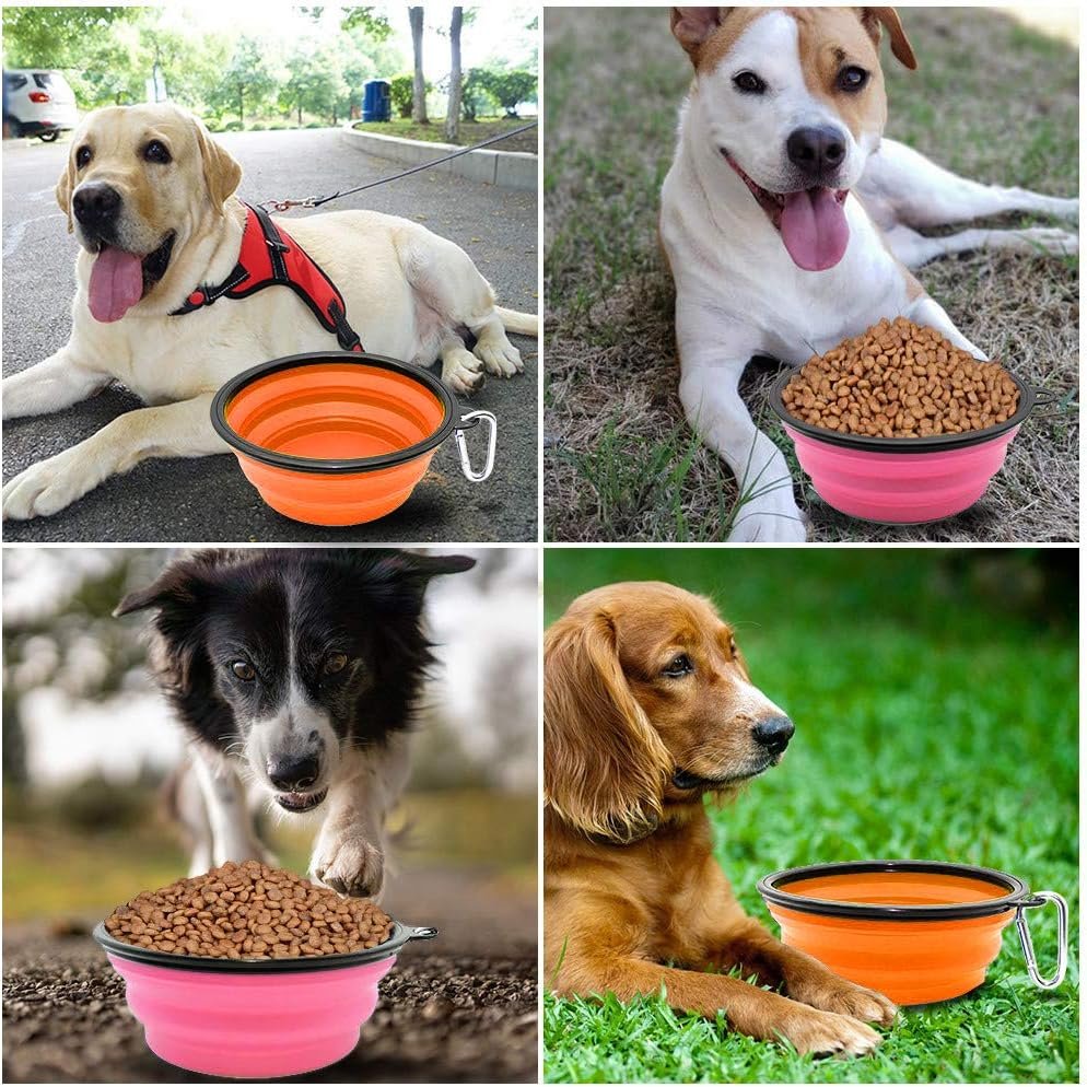 Dog Bowl Pet Collapsible Bowls, 2 Pack Collapsible Dog Water Bowls for Cats Dogs, Portable Pet Feeding Watering Dish for Walking Parking Traveling with 2 Carabiners (Large, Orange+Pink)