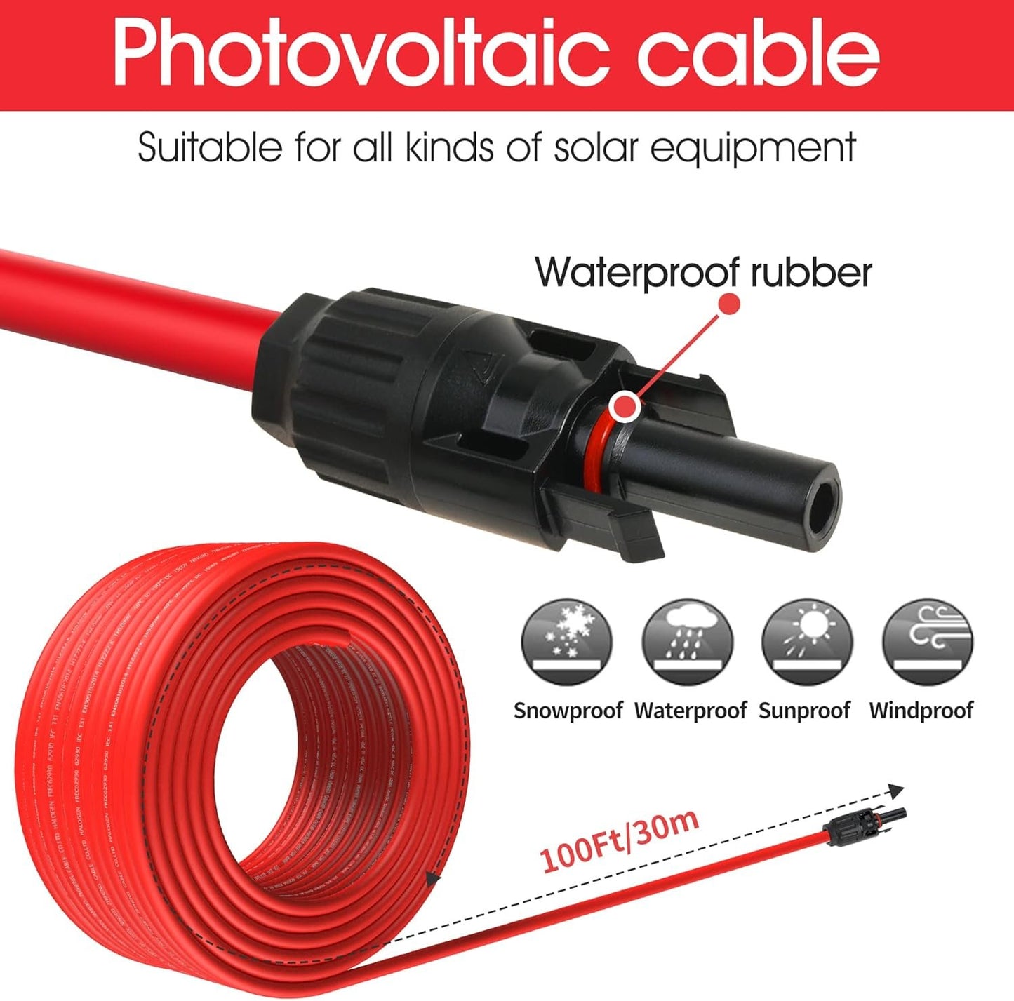 10AWG Solar Extension Cable, 100 Feet 10 Gauge Wire With Connectors and Adapter Tool Kit (Red)