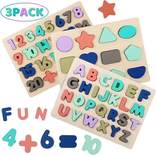 Wooden Puzzles for Kids 3-5, Wood Alphabet ABC Number and Shape Puzzles Toddlers Preschool Early Learning Puzzle Board Toys for Boys Girls Ages 3 4 5 6 Year Old (Set of 3)