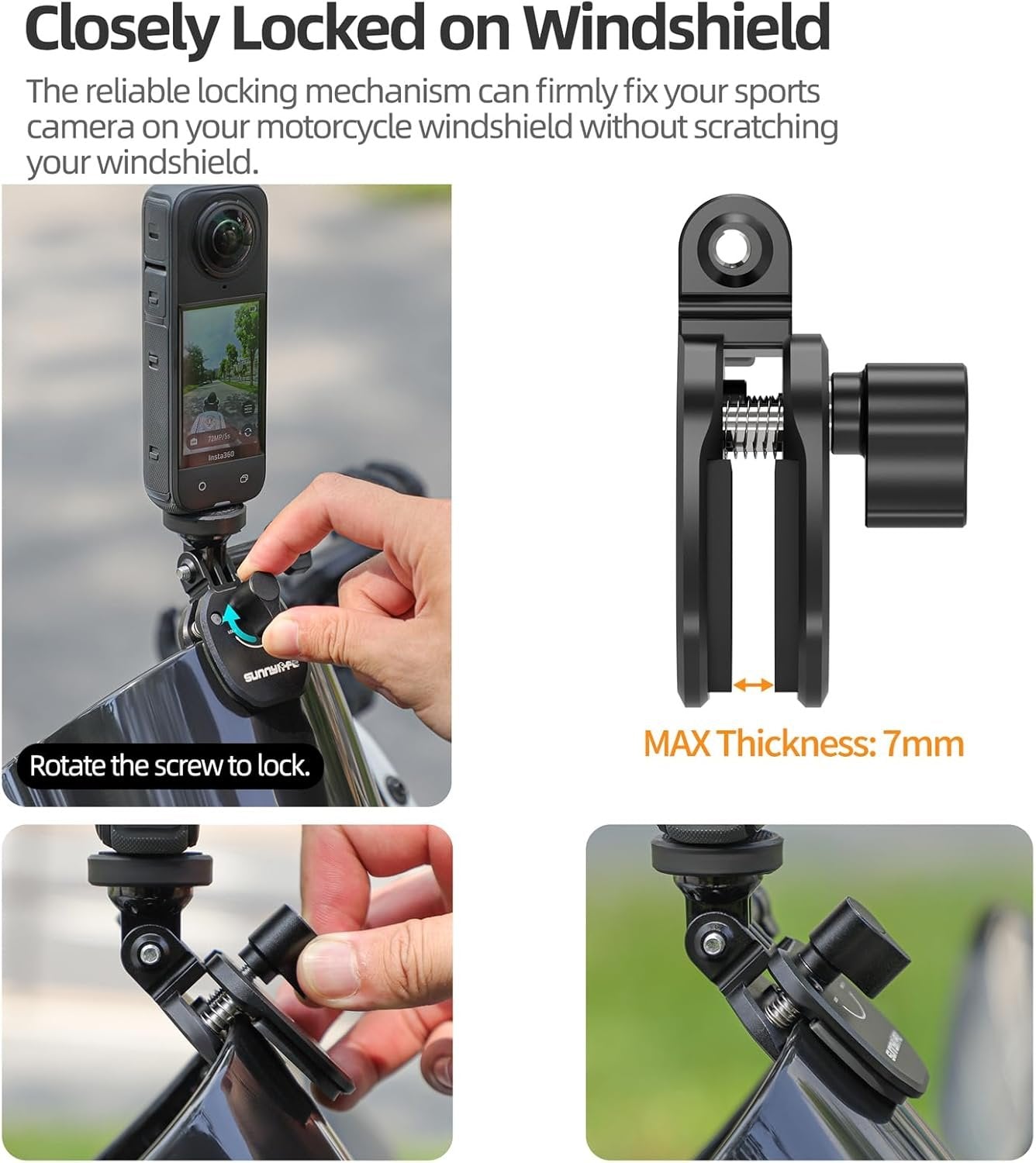 Motorcycle Windshield Mount for Gopro Hero 12 11 10 9, for Insta 360 Motorcycle Mount, Aluminum Alloy Windshield Camera Clip Compatible with Insta360 X5 X4 X3