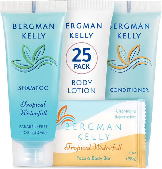 Bergman Kelly Hotel Toiletries Bundle - Tropical Waterfall, 1 oz each, 100 Pcs - 4-Piece Set: 25 Rectangular Bar Soap, 25 Shampoo, 25 Conditioner & 25 Body Lotion - Bulk Mini Guest Amenities