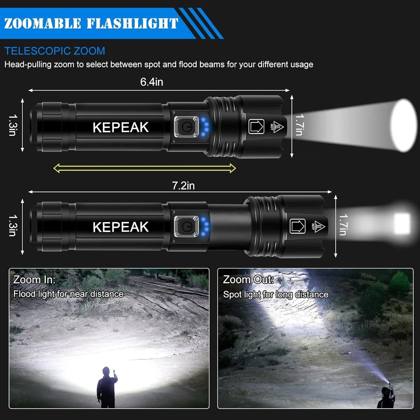 KEPEAK Flashlight, Rechargeable Flashlights High Lumens, 9000 Lumens Super Bright LED Flash Light, Powerful, Zoomable, Tactical Flashlight for Camping, Emergency