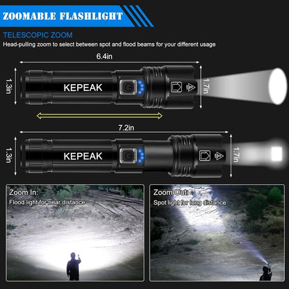 KEPEAK Flashlight, Rechargeable Flashlights High Lumens, 9000 Lumens Super Bright LED Flash Light, Powerful, Zoomable, Tactical Flashlight for Camping, Emergency