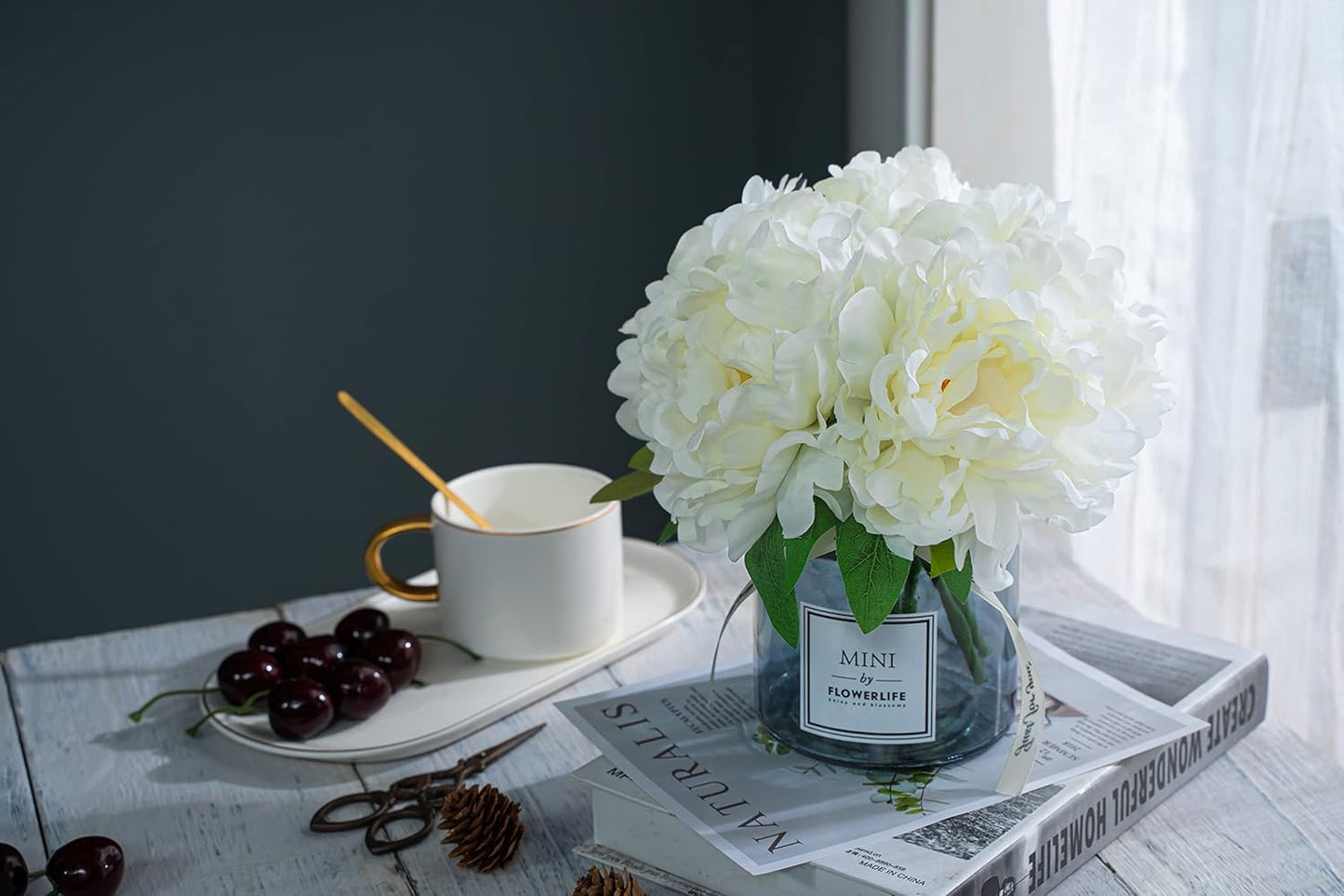 Artificial Hydrangea and Glass vase Decoration, Ins Style Artificial Flower Glass Bottle Set, Suitable for Living Room, Dining Table, Office, Wedding, Hotel Banquet and Other Home Decoration. (white)…