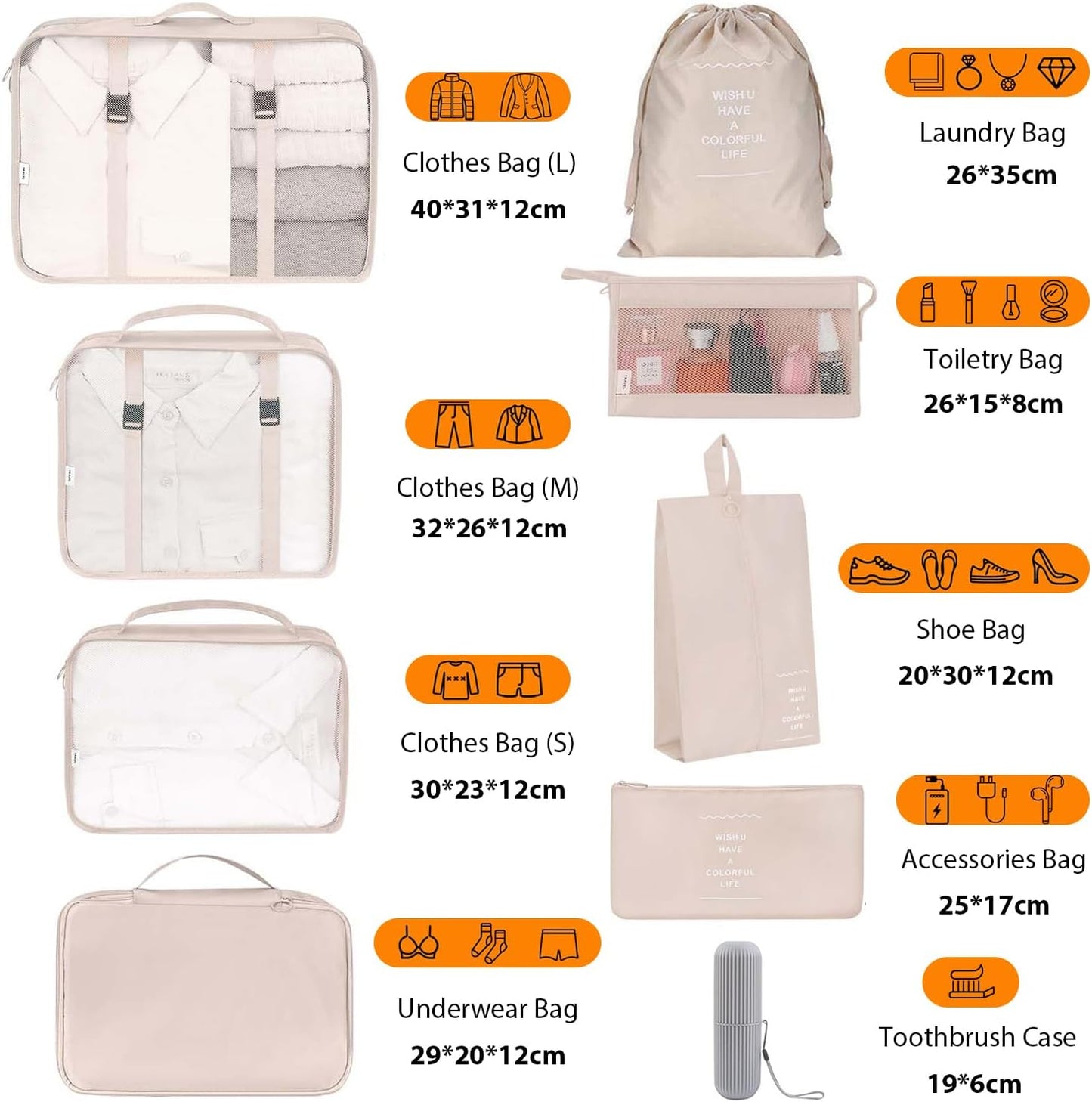 EHIOG Suitcase Organizer, 9 Pieces Space-Saving Suitcase Organizer, Packing Cubes Set Suitcase Organizer for Clothes, Cosmetics, Shoes, Underwear, Toiletries (Beige)