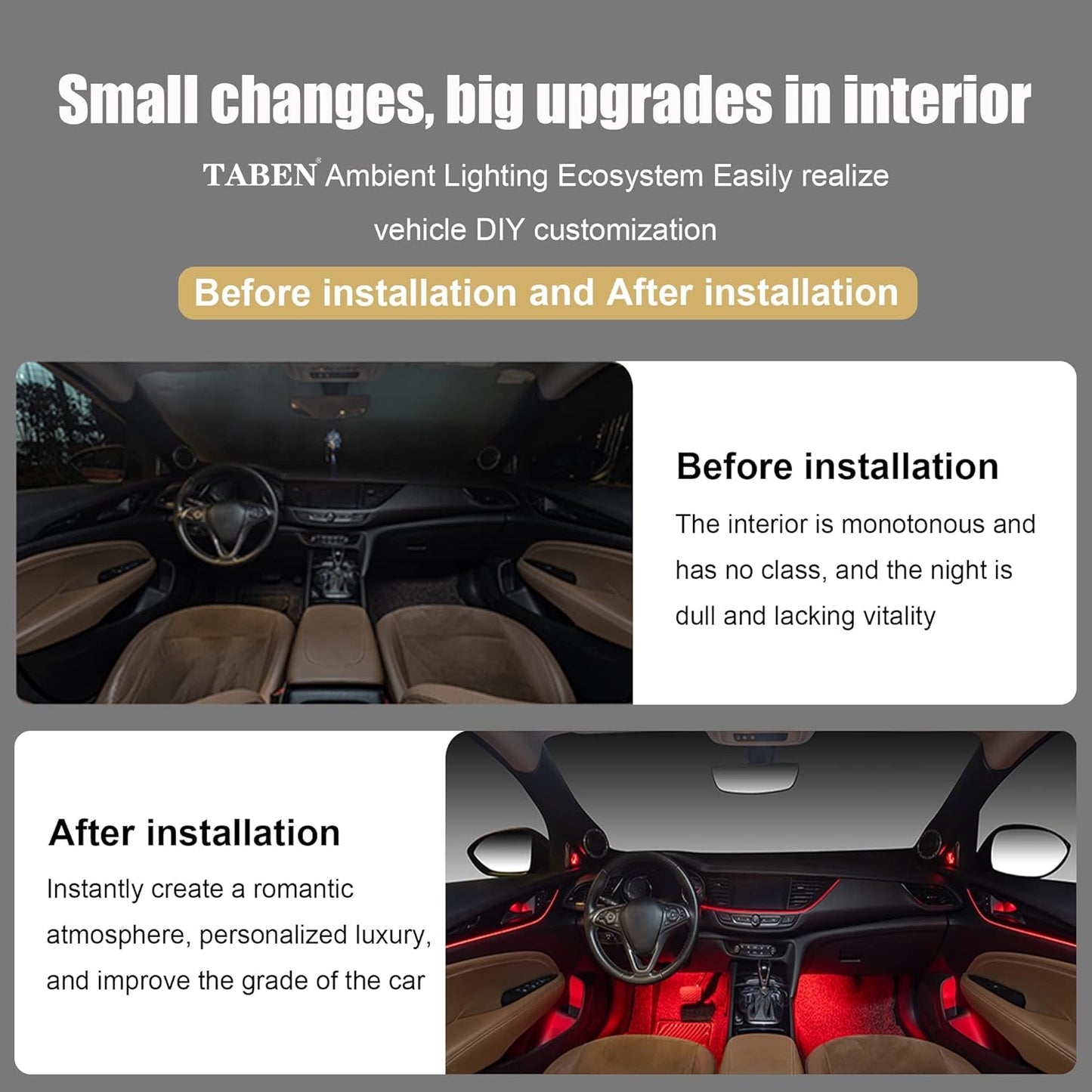 TABEN Car Ambient Light USB RGB Remote Control + App Control Decorative Light Lamp DIY Refit Flexible Fibreglass Tube 64 Colours Interior Lighting Atmosphere Light 1W DC 12V 3m