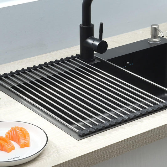 ViWaVee Foldable Removable Stainless Steel Over Kitchen Sink Dish Drainer Rack Holder Mat Organizer for Cups, Fruits, Vegetables-Black