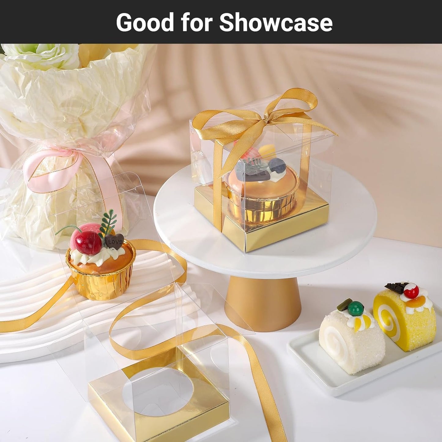 EUSOAR Gold Cupcake Boxes, 12pcs 3.5"x3.5"x3.5" Individual Cupcake Containers with Ribbon and Inserts, Plastic Dessert Muffins Clear Holder Disposable Cake Carrier for Birthday Wedding Party Favor