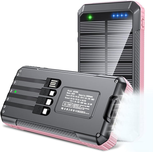 Solar Power Bank 33800mAh Built in 4 Cables, 22.5W USB C Fast Charging Portable Phone Charger, 6 Outputs & 4 Inputs with LED Camping Lights Battery Pack for Outdoor iPhone Samsung Tablet (Rose)