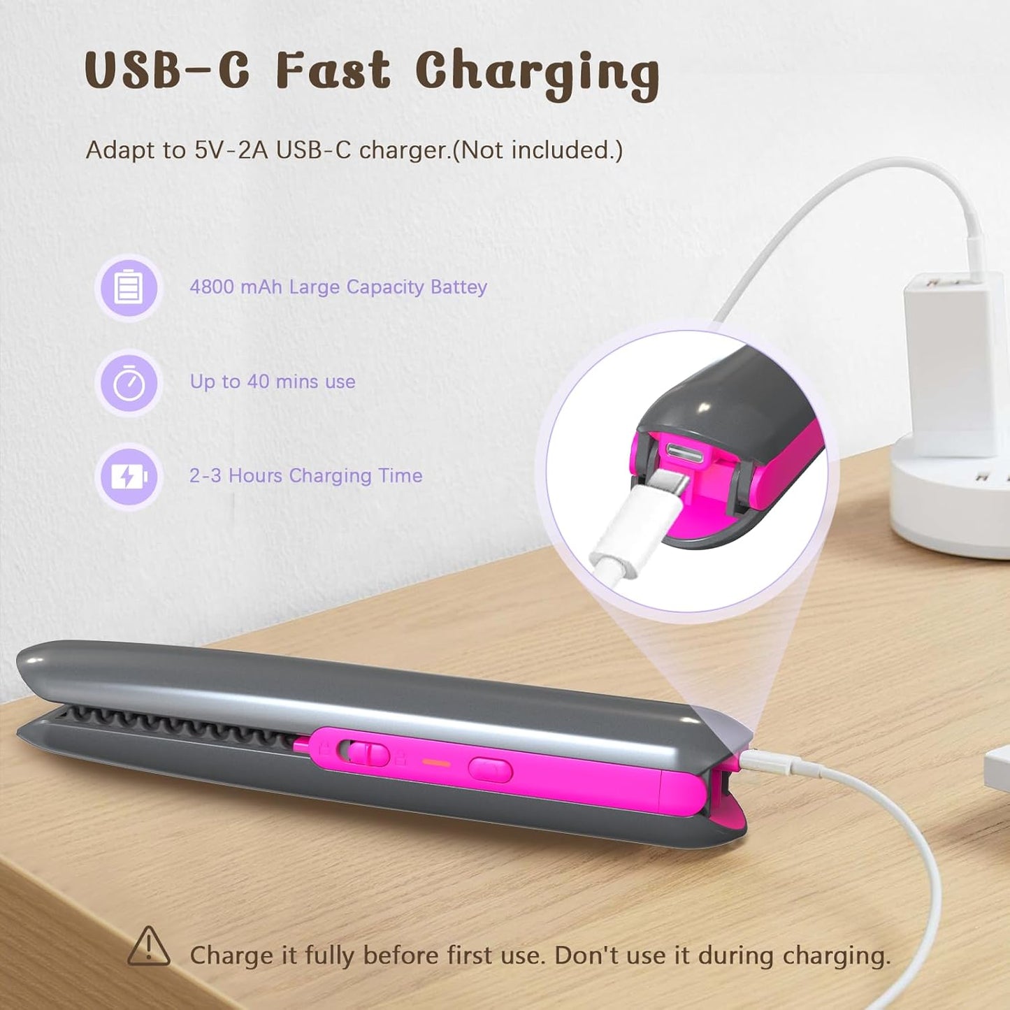 Hair Straightener, Flat Irons, Rechargeable Curling Iron with 3 Temperature, Portable Straightener and Curler 2 in 1 Hair Tools for differnet Hair Style（Grey+Red Rose