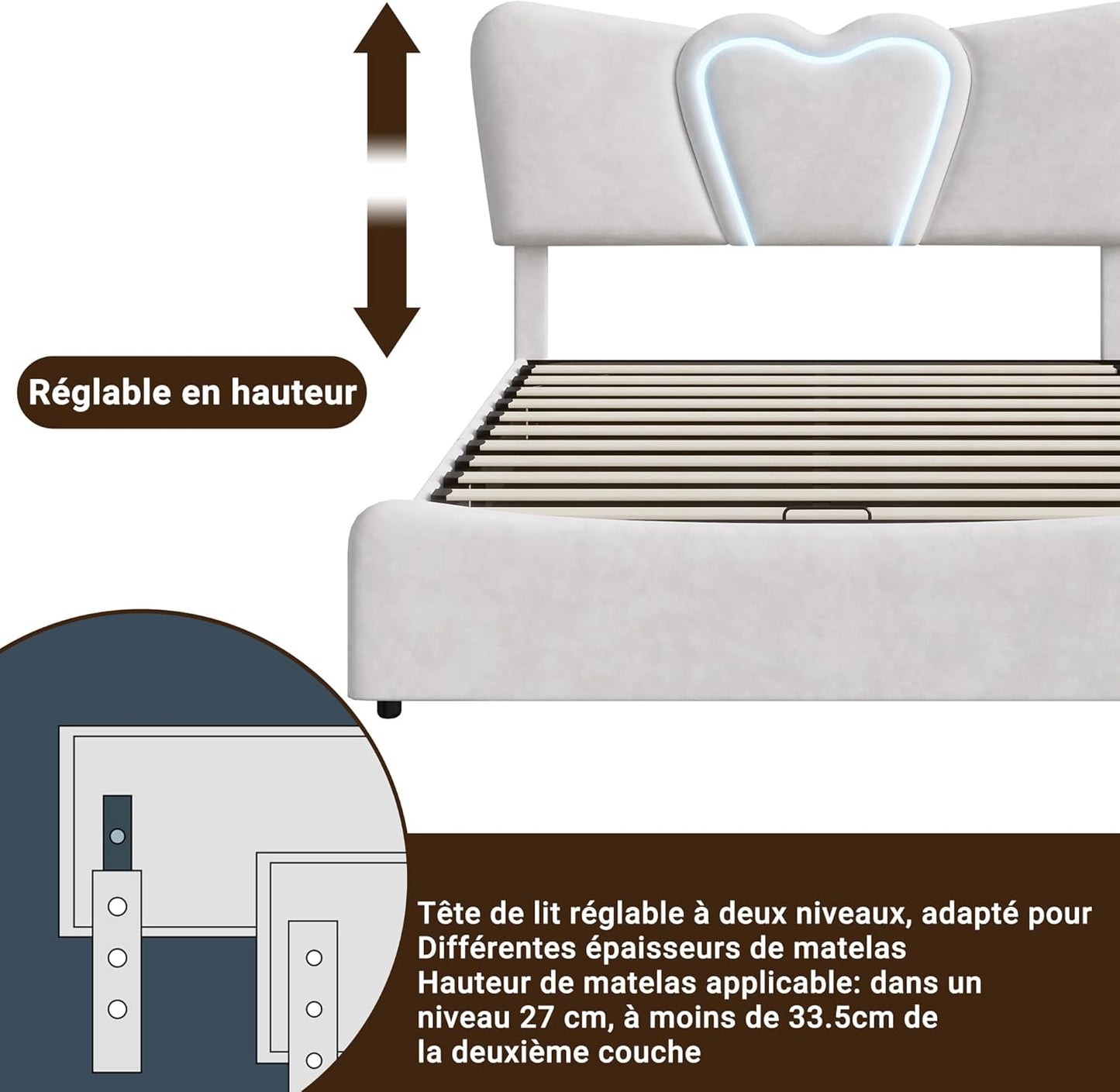Upholstered Bed 140 x 200 cm with Cassette, LED Heart Headboard and USB Charging Function, Double Bed with Hydraulic Space, Slatted Frame, Beige, Velvet, Without