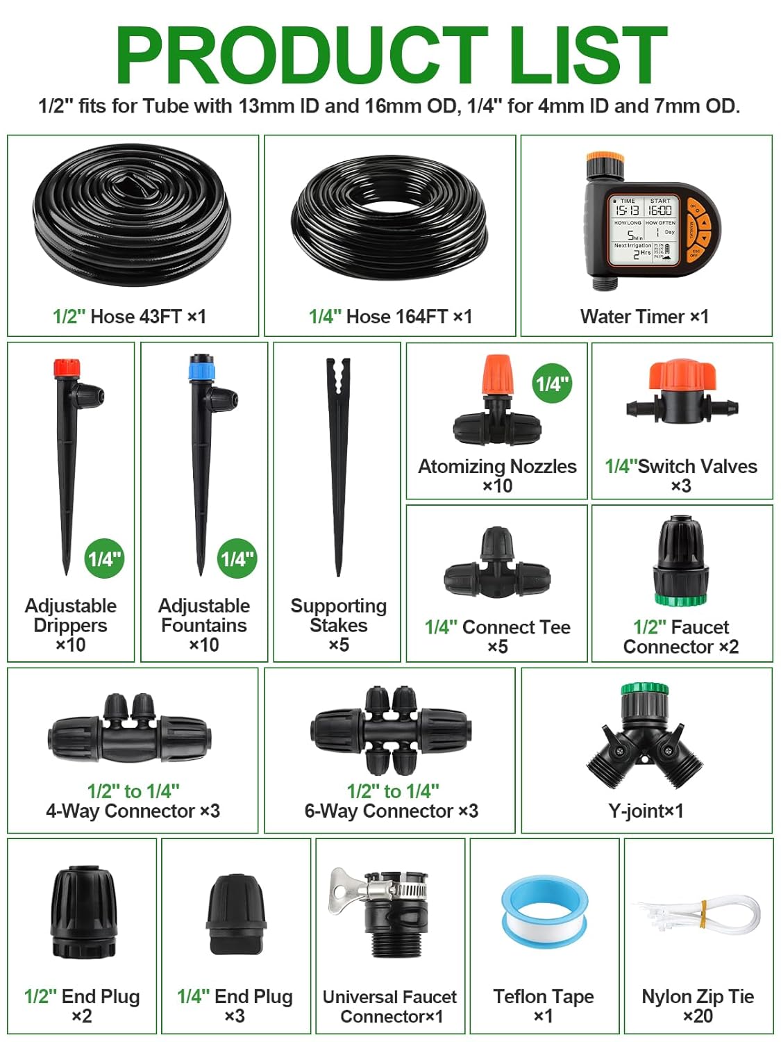 207 piedi Kit Irrigazione a Goccia Automatica con Timer l'Acqua, Kalolary Sistema Irrigazione Giardino Regolabile 1/4" 1/2" con Tubi 4/7 16 mm Sistema Irrigazione Automatica Micro Goccia Prati Cortili