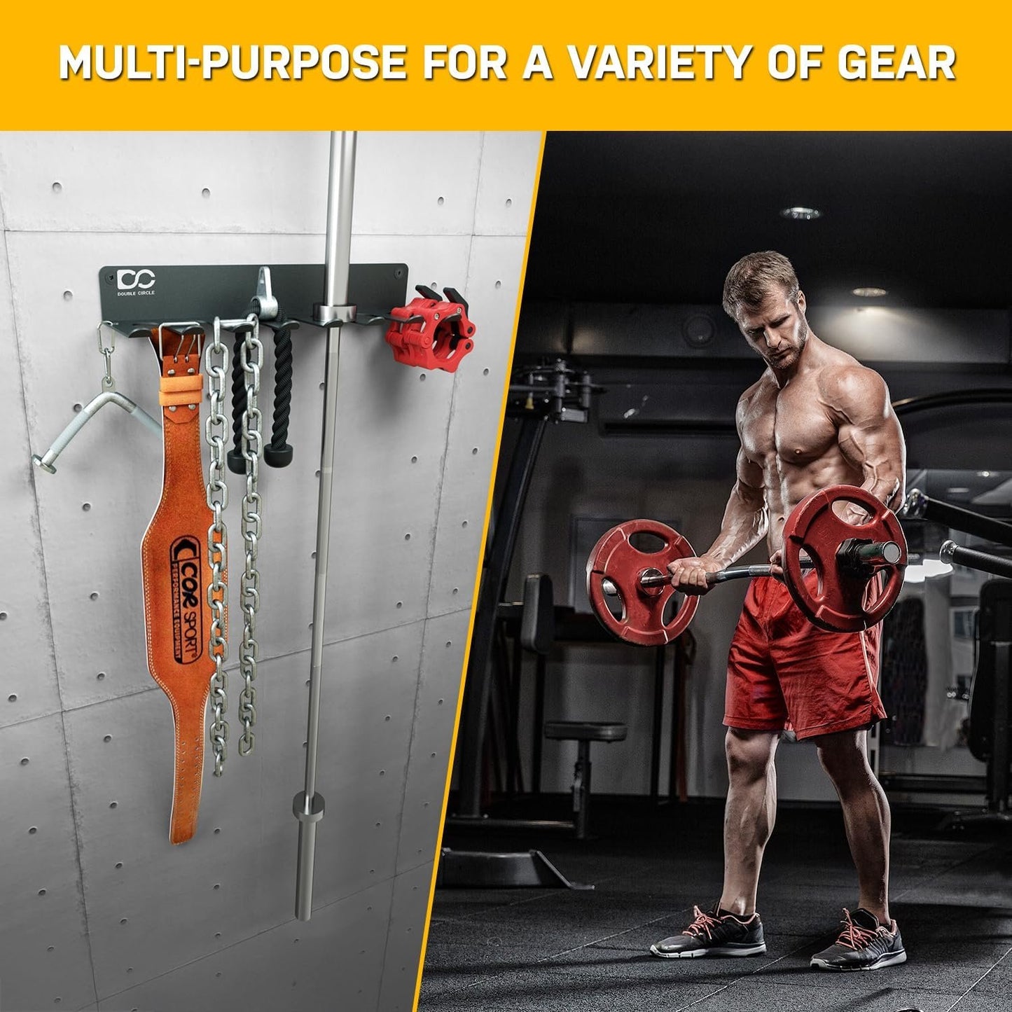Double Circle Gym Equipment Storage Rack, Multi Purpose Gym Equipment Wall Rack Hanger for Pro Home Gym Storage for Exercise Bands, Barbell Bar, Jump Ropes, Chains, Lifting Belts