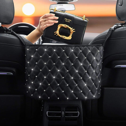 Leberna Car Seat Handbag Holder Pocket - Leather Storage Net Pocket with Diamond Bling Handbag Holder Between Car Seat Black Car Organizer