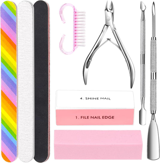 Rustark 9Pcs Nail File Set Includes Nail Files, Nail Sponge Buffer Blocks Polished, Cuticle Nipper, Nail Dust Brush, Nail Cuticle Pusher for Nail Care Manicure Nail Cuticle Trimming