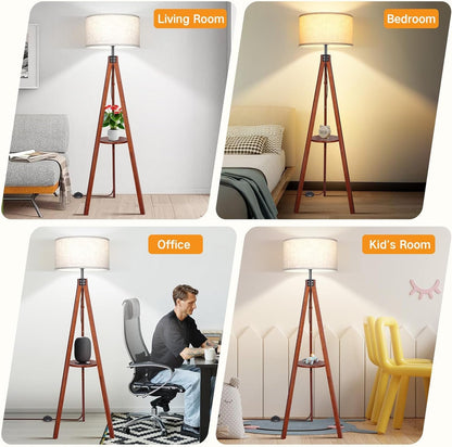 OUTON Dimmable Wood Tripod Floor Lamp with Shelves, Remote Control, Mid Century Modern Standing Lamp 58.5" for Bedroom, Living Room & Office, Beige Lamp Shade Include E26 9W Bulb