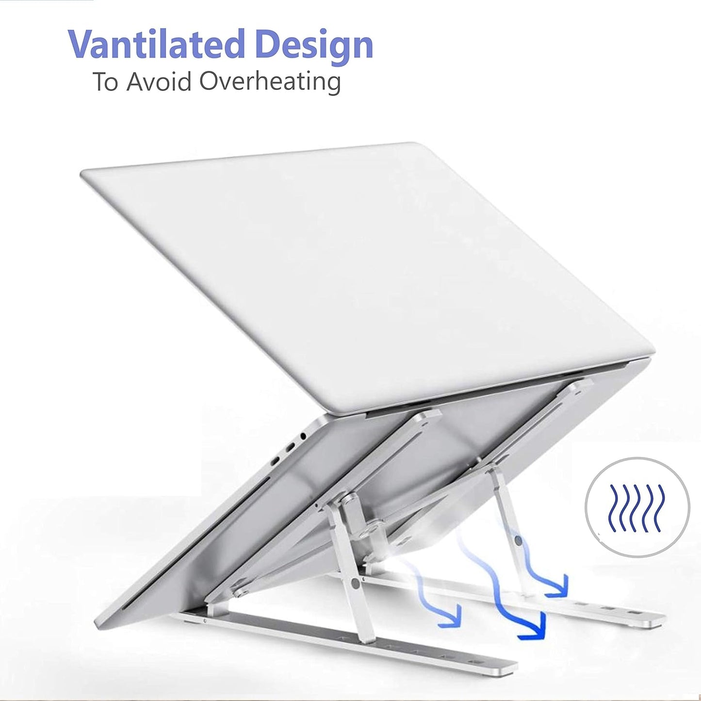 Portable Laptop Stand, JDOX Aluminium Adjustable Laptop Stand for Desk, 7 Adjustable Heights, Foldable Laptop Stand Compatible with MacBook, HP, Dell Laptop and Tablet, Silver