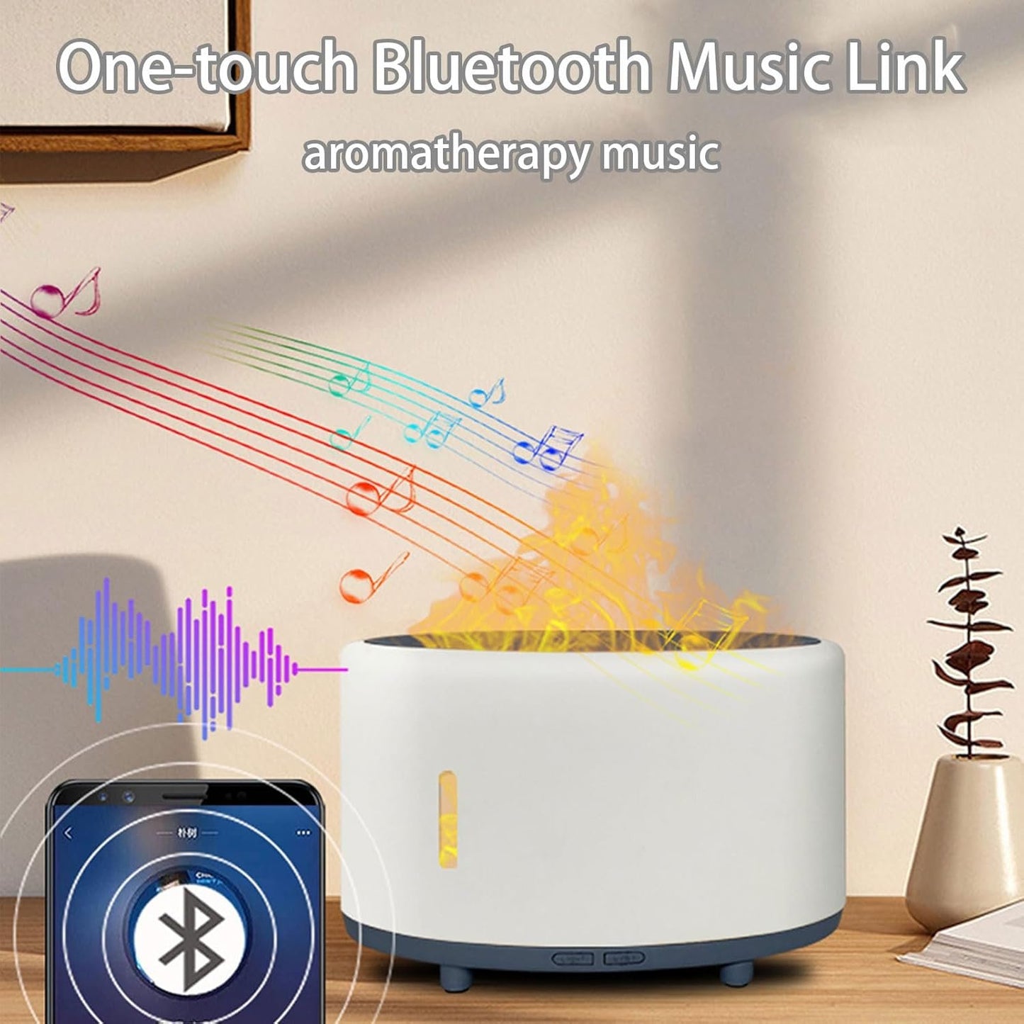 Aromatherapy Humidifier with Flame Effect & Bluetooth Speaker – 200ml Cool Mist Essential Oil Diffuser, Night Light, Remote Control, Auto Shut-Off, Ultra-Quiet for Bedroom, Office, Travel