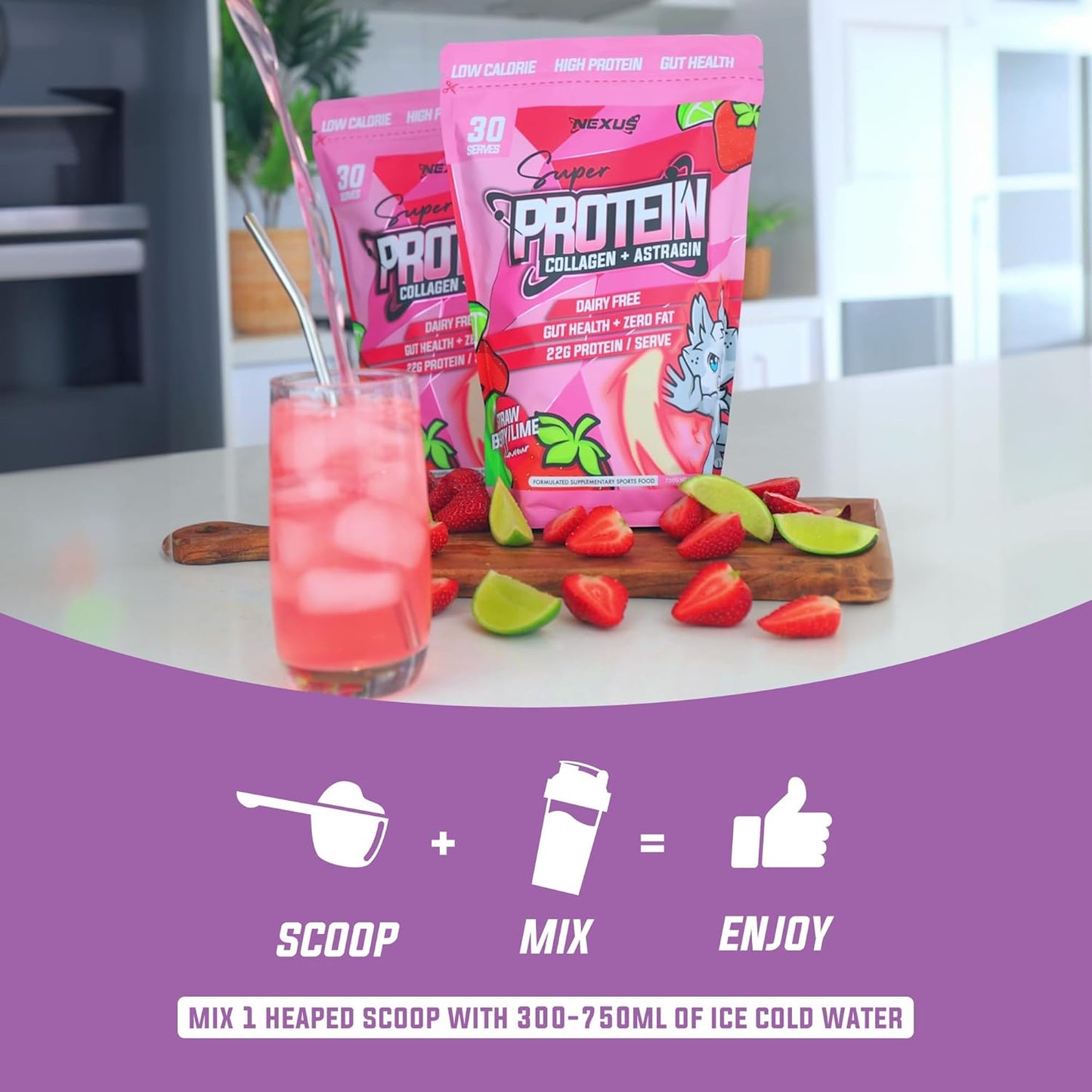 Nexus Protein Water Powder, 750g (30 Servings), 22g of Protein (per serving) Passion Mango Collagen, Dairy-Free, Gluten-Free, Zero Fat, Low Calories, Astragin, Root Extracts, Potassium