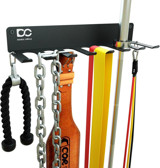 Double Circle Gym Equipment Storage Rack, Multi Purpose Gym Equipment Wall Rack Hanger for Pro Home Gym Storage for Exercise Bands, Barbell Bar, Jump Ropes, Chains, Lifting Belts