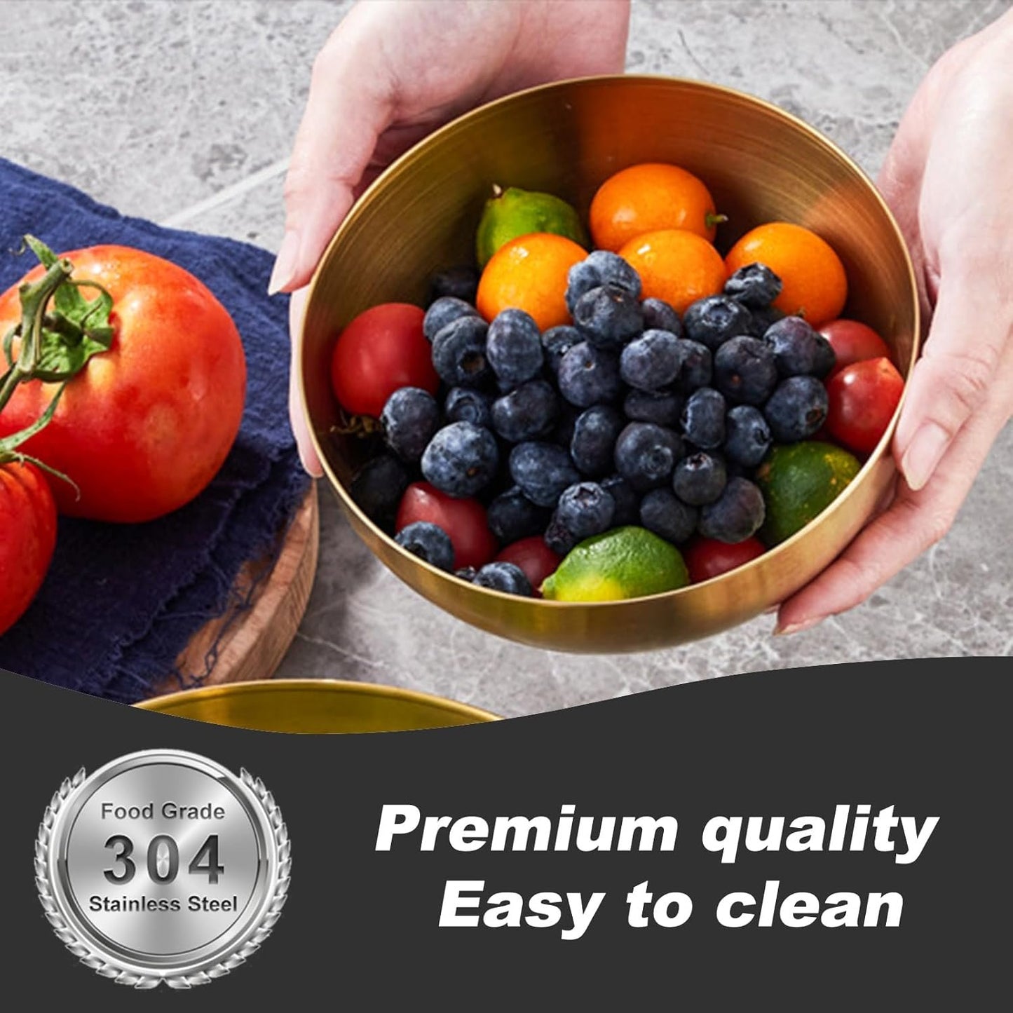 5 Pack 25 Oz Stainless Steel Bowl Set, Heat Insulated Metal Soup Bowls, Matte Finish Cereal Bowls for Rice Salad Noodle Snack Cooking Kitchen Ice Cream Serving Mixing Prep (Gold)