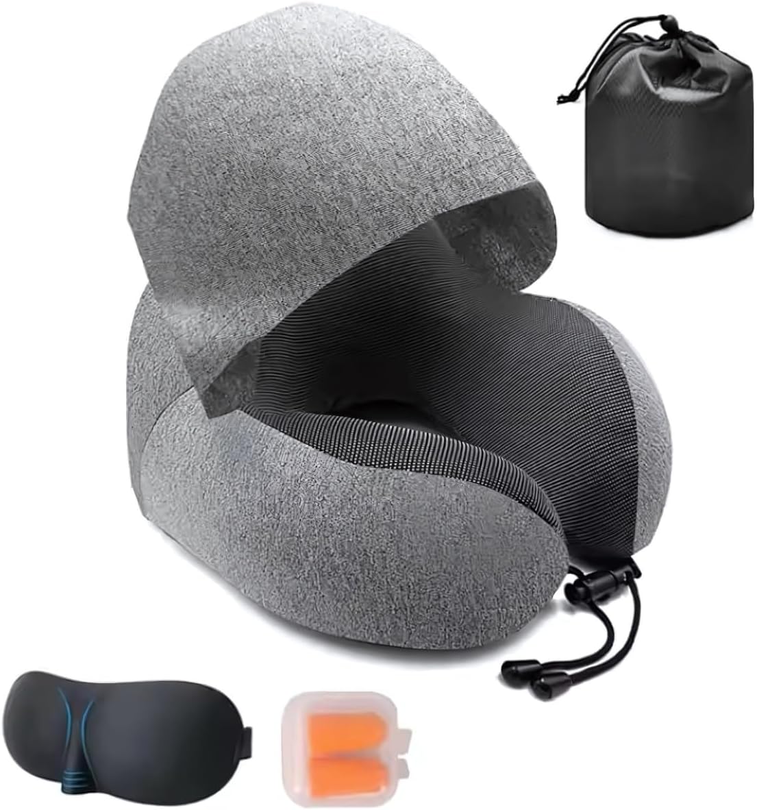 Premium Memory Foam Travel Neck Pillow with Adjustable Strap, Ergonomic Design for Neck Protection Hooded U-Shape Breathable Pillow, Includes Bag, Earplugs & Eye Mask for Convenience and Comfort