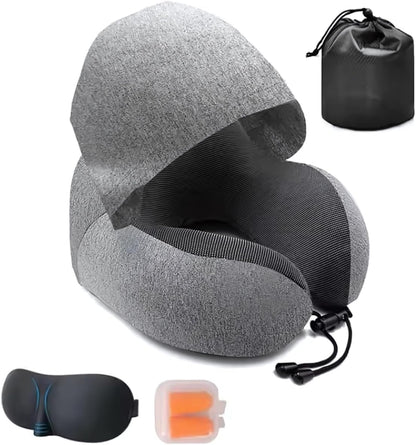 Premium Memory Foam Travel Neck Pillow with Adjustable Strap, Ergonomic Design for Neck Protection Hooded U-Shape Breathable Pillow, Includes Bag, Earplugs & Eye Mask for Convenience and Comfort