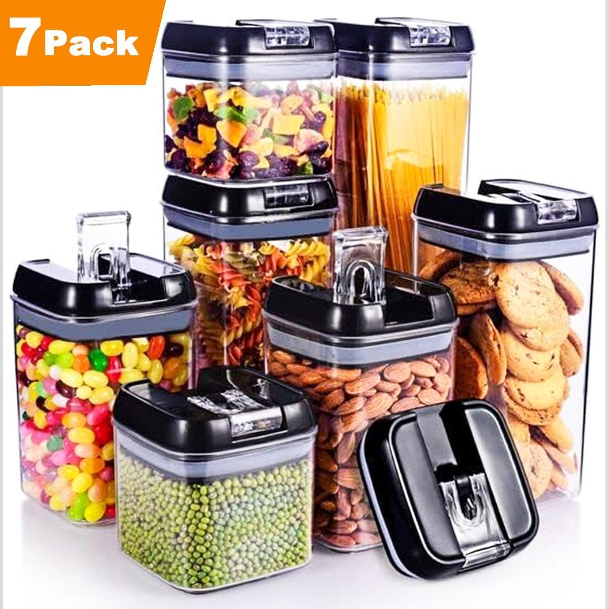VivoGlow 7- Piece Food Storage Containers, Flip Lock Food Containers for Pantry Organization, Kitchen Storage & Organisation(Black)