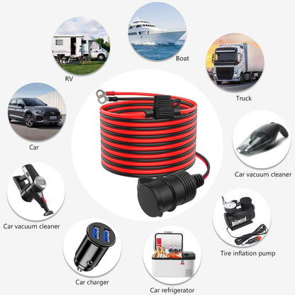 Hoembpn 2M Car Cigarette Lighter Socket Extension Cable 12V / 24V Cigarette Lighter Adapter 15AWG 20A Car Charger to Dual USB Port Cigarette Lighter 12 V/24 V for Car, Truck, Truck