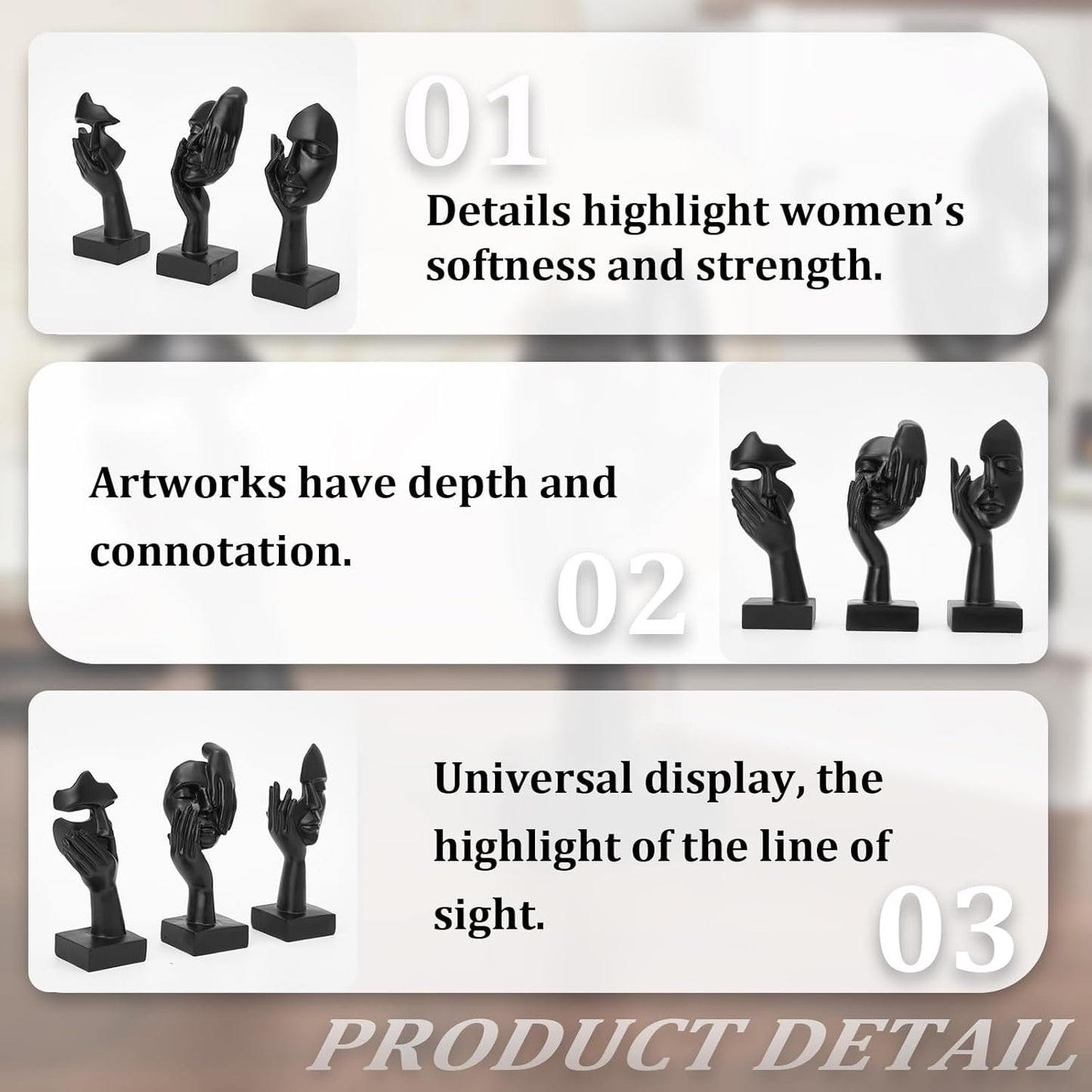maozyiltle Set Of 3 Women Face Statues Collectible Black Gold Thinker Statue Modern Art Home Decor Gift For Friends (Black)