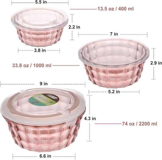 Taiuloo Set of 3 Salad Bowls With Lids & Handles, Food Storage Containers for Meal Prep and Lunch, BPA Free Plastic Serving Bowl Set, Pink