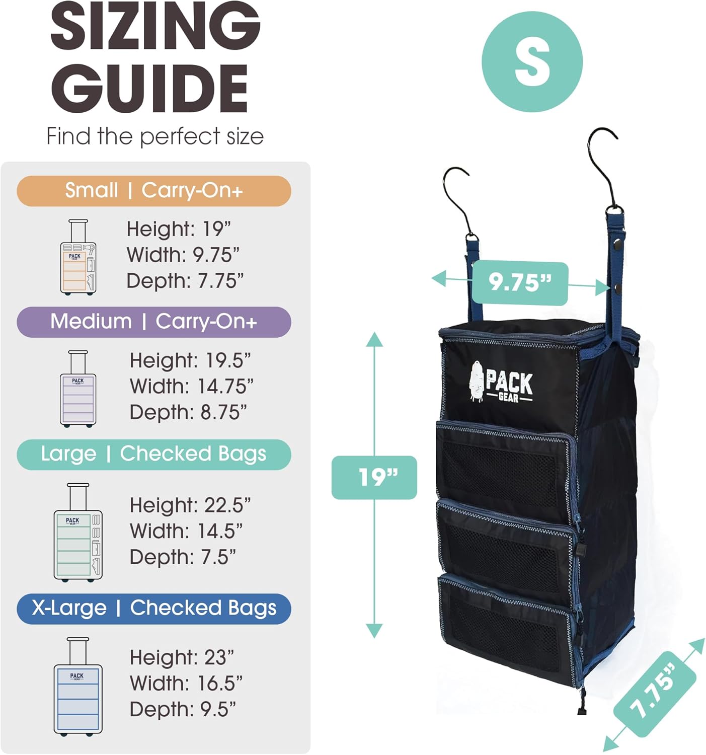 Pack Gear Suitcase Organizer | Pack More in your Large or Carry On Luggage | Unpack Instantly with these Compression Packing Cubes for Suitcases | Hanging Shelf Organizer for Closet (Black)