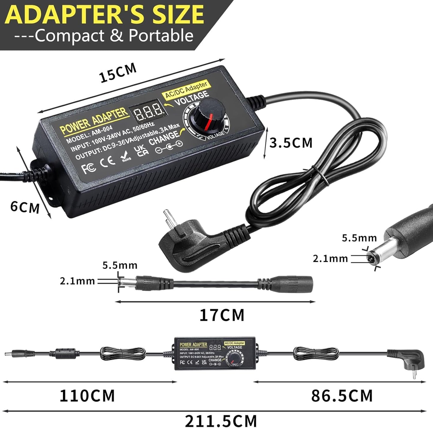3A 108W Adjustable Power Supply, 9V-36V Universal Adjustable 100V-240V AC to DC Power Adapter with 14 Tips and Polarity Cable for Home Electronics, LED Strips