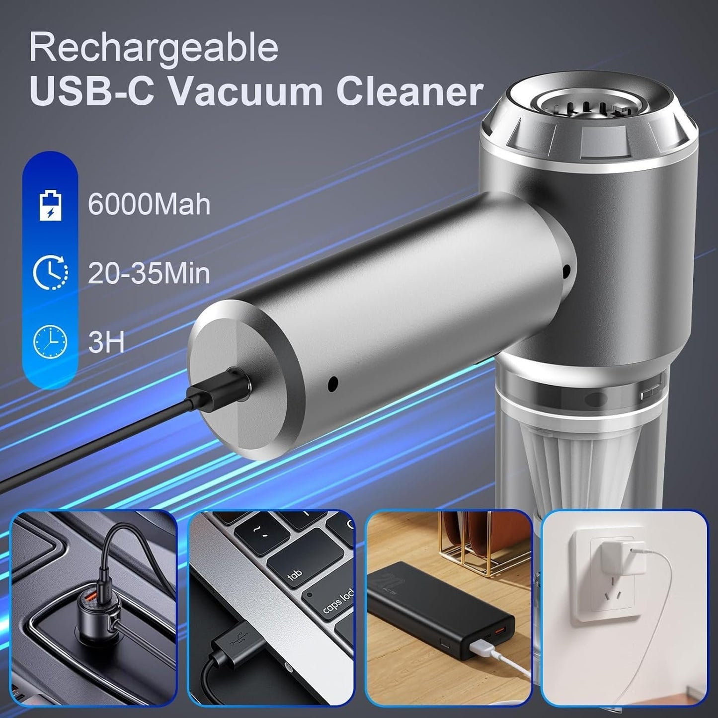 Powerful Wireless Vacuum Cleaner, 20000Pa 4 in 1 Portable Car Vacuum Cleaner, Vacuum Cleaner and Blower with Brushless Motor, USB C Mini Powerful Vacuum Cleaner for Car Home Office Household Hair (A)