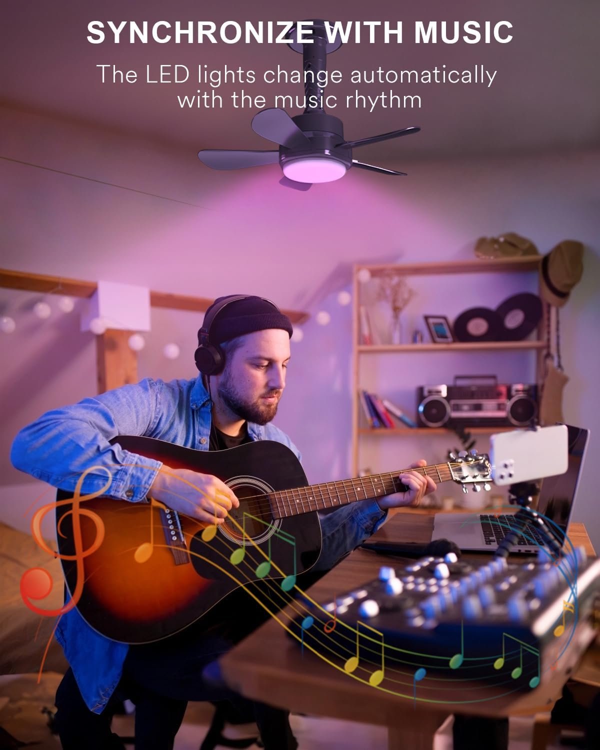 Smart Socket Fan Light, Wi-Fi Color Changing Light Socket Ceiling Fan with Lights and Remote, 6 Adjustable Fan Speed, LED Lights Socket Fans for Bedroom Bathroom Garage Kitchen, Black