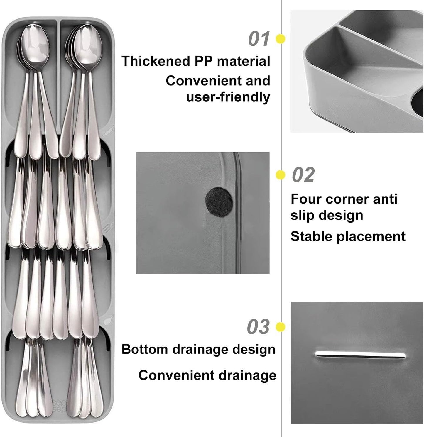 2 Pack Compact Small Cutlery Tray Organiser, Utensil Holder for Drawers, Kitchen Silverware Drawer Organizer Divider for Spoons Forks & Short Knives, White & Grey