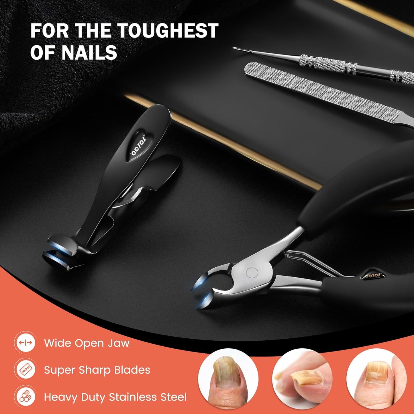 BEZOX Toenail Tool Kit 4PCS Nail Care Set for Ingrown Toenails – Curved Head Toe Nail Clippers for Seniors for Thick Nails, Thick Toenail Clippers, Long Nail File & Dual-Ended Lifter - Black