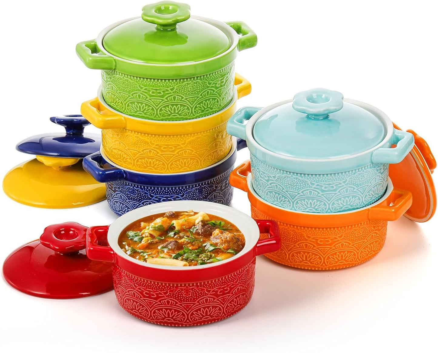 Hacaroa Set of 6 Mini Cocotte with Lid, 8 Oz Ceramic Ramekins with Handles, Small Casserole Dishes Individual Serving Pot for Baking, Soufflé, Soup, Cobbler, Oven Safe, 6 Colors