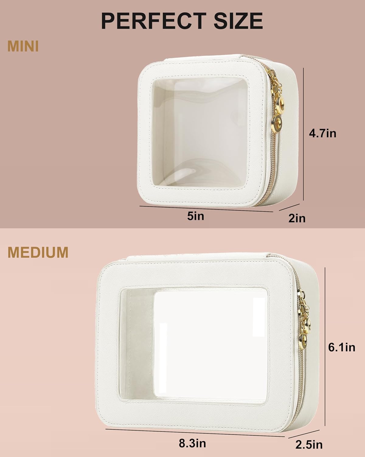 Leather Clear Makeup Bags Set - Travel Clear Cosmetic Bag Case with Zipper, Transparent TSA Approved Toiletry Bags for Travel Essentials Car Accessories for Women (White, S+M)