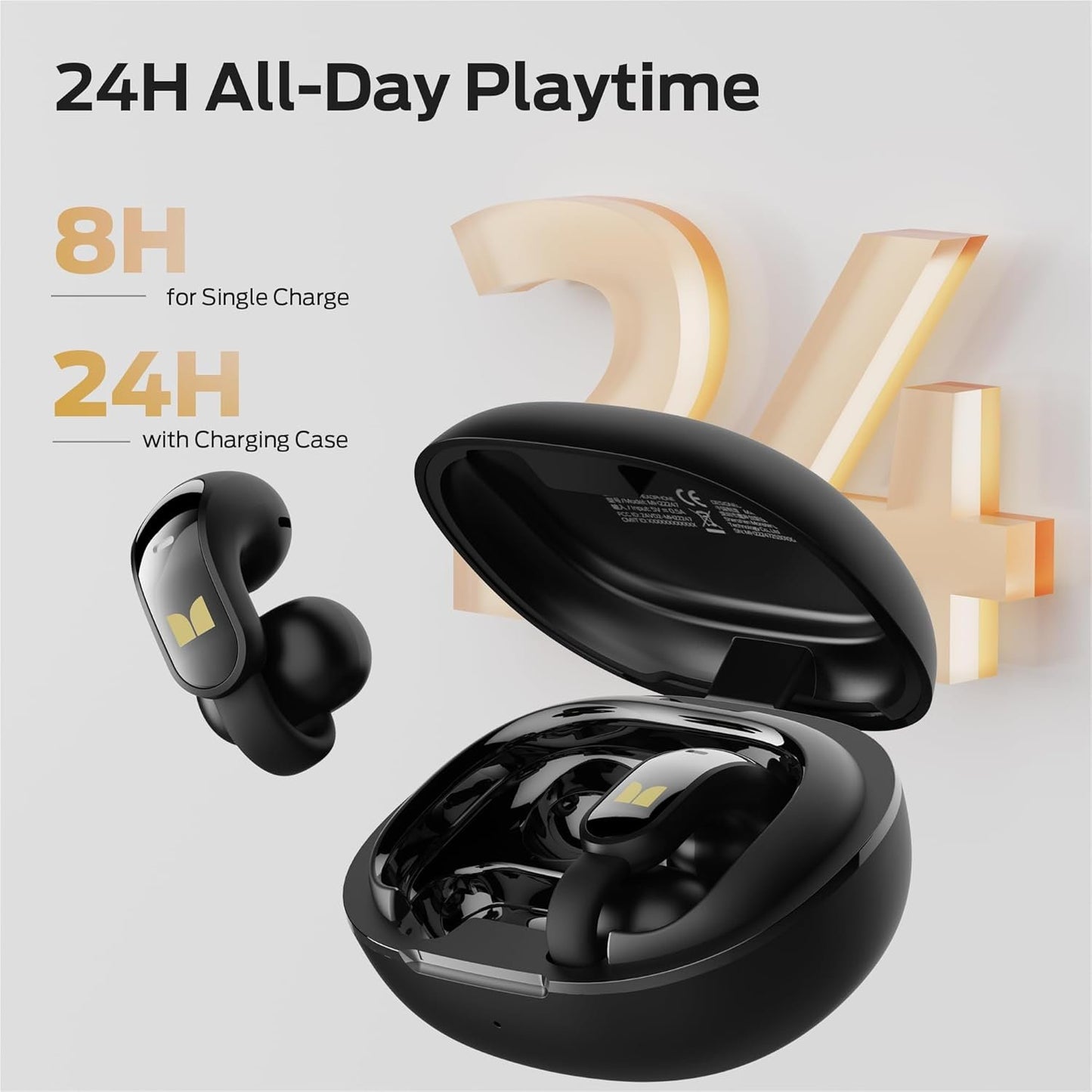 Monster Open Ear AC228 Wireless Headphones, Clip-On Earbuds, Adaptive Comfort, Immersive Audio, Bluetooth 6.0 Open Ear Earbuds with ENC Clear Call, 30H Playtime, IPX5 Water Resistant for Sport, Black